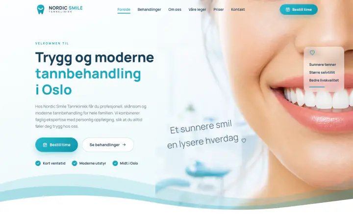 Forsiden i designkonseptet for Nordic Smile Tannklinikk, lys og luftig med et smil