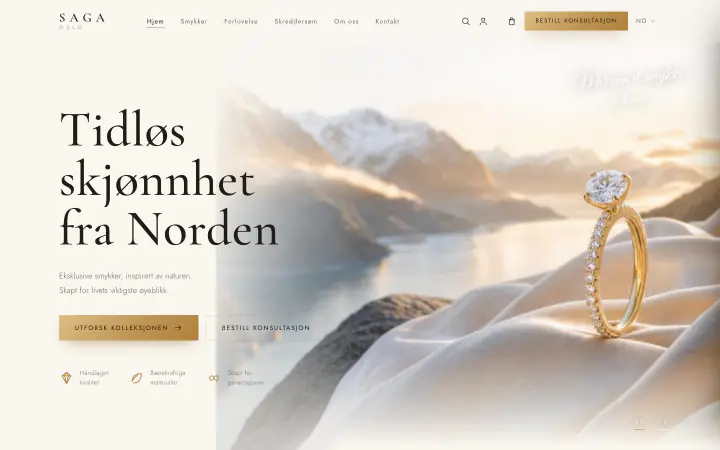 Forsiden i designkonseptet for SAGA Oslo, ring på en fjellknaus ved en fjord