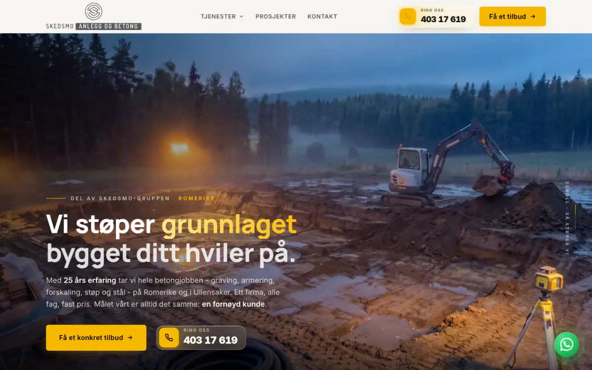 Forsiden til saob.no på PC, med gravemaskin på en byggetomt i kveldslys