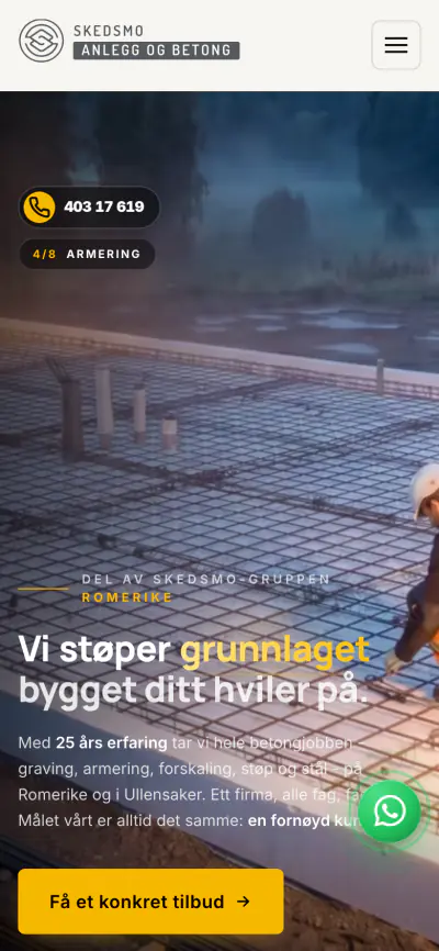 Nettsiden til Skedsmo Anlegg og Betong AS på mobil
