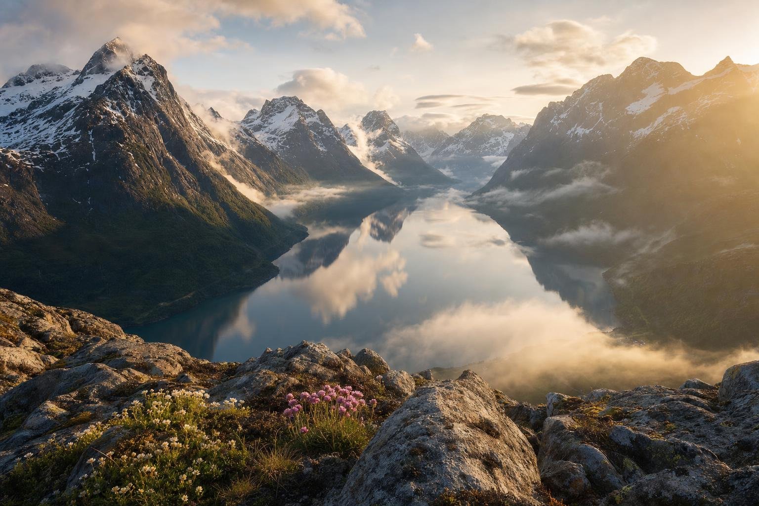 Norsk fjord med snødekte fjell i morgenlys
